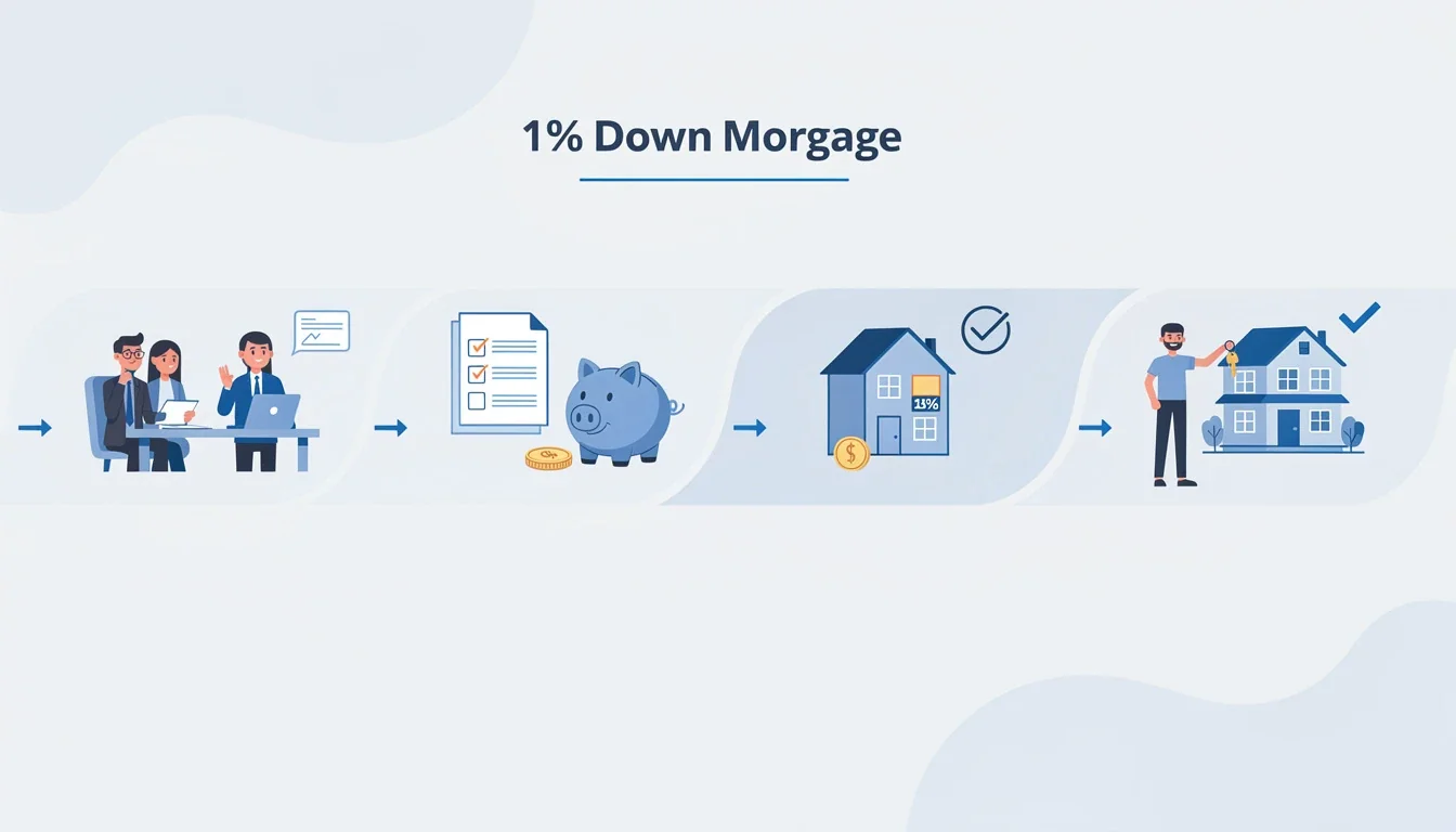 A step-by-step visual process guide demonstrating how 1% down mortgage program works