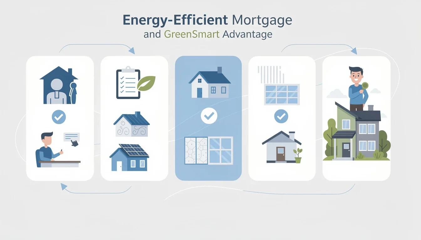 A step-by-step visual process guide demonstrating how energy-efficient mortgage and greensmart advantage works