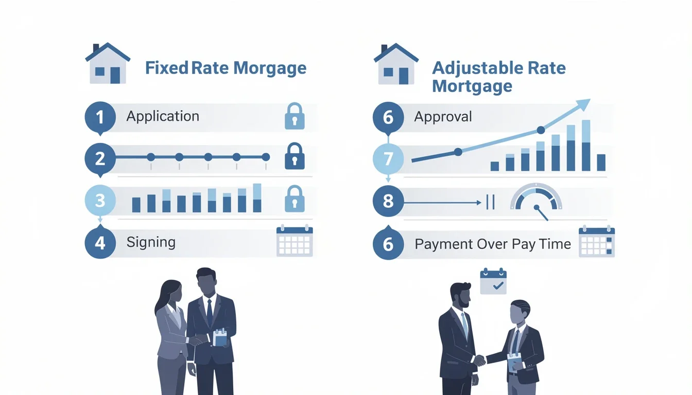 A step-by-step visual process guide demonstrating how fixed-rate vs adjustable-rate mortgage works