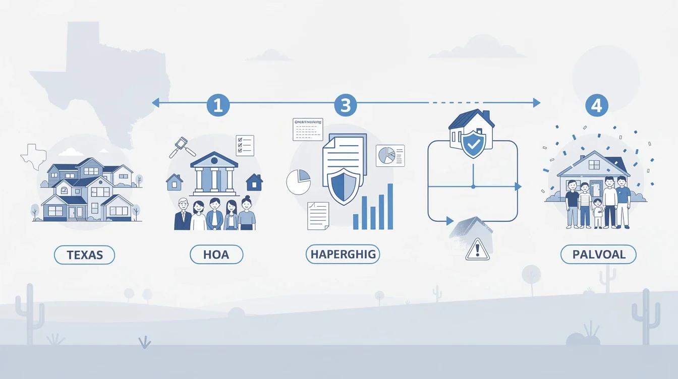 A step-by-step visual process guide demonstrating how impact of texas hoa rules on mortgage eligibility works