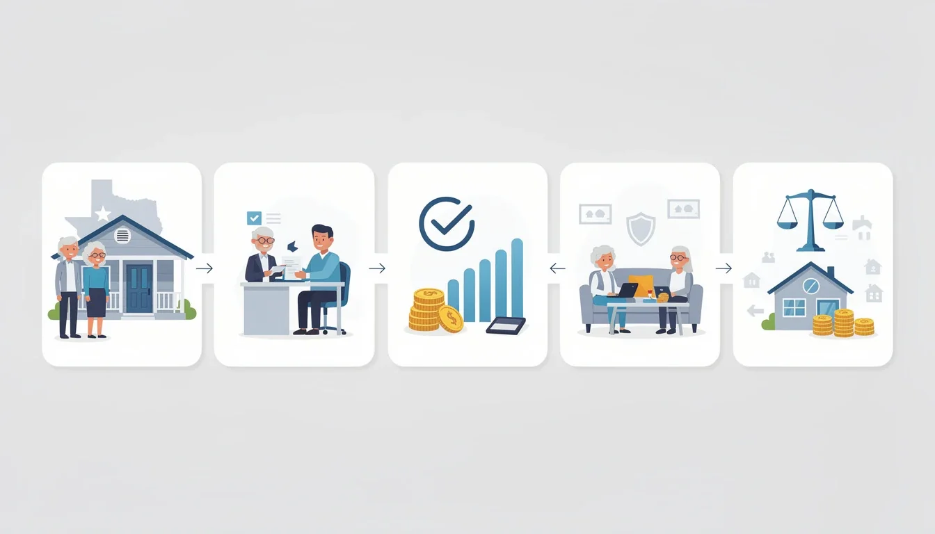 A step-by-step visual process guide demonstrating how reverse mortgage hecm in texas works