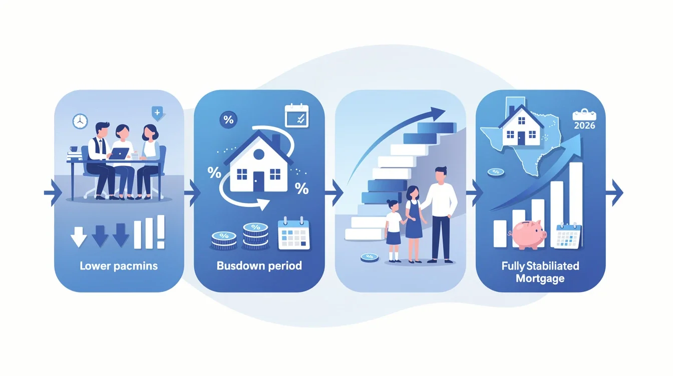 A step-by-step visual process guide demonstrating how temporary buydown mortgage benefits texas 2026 works