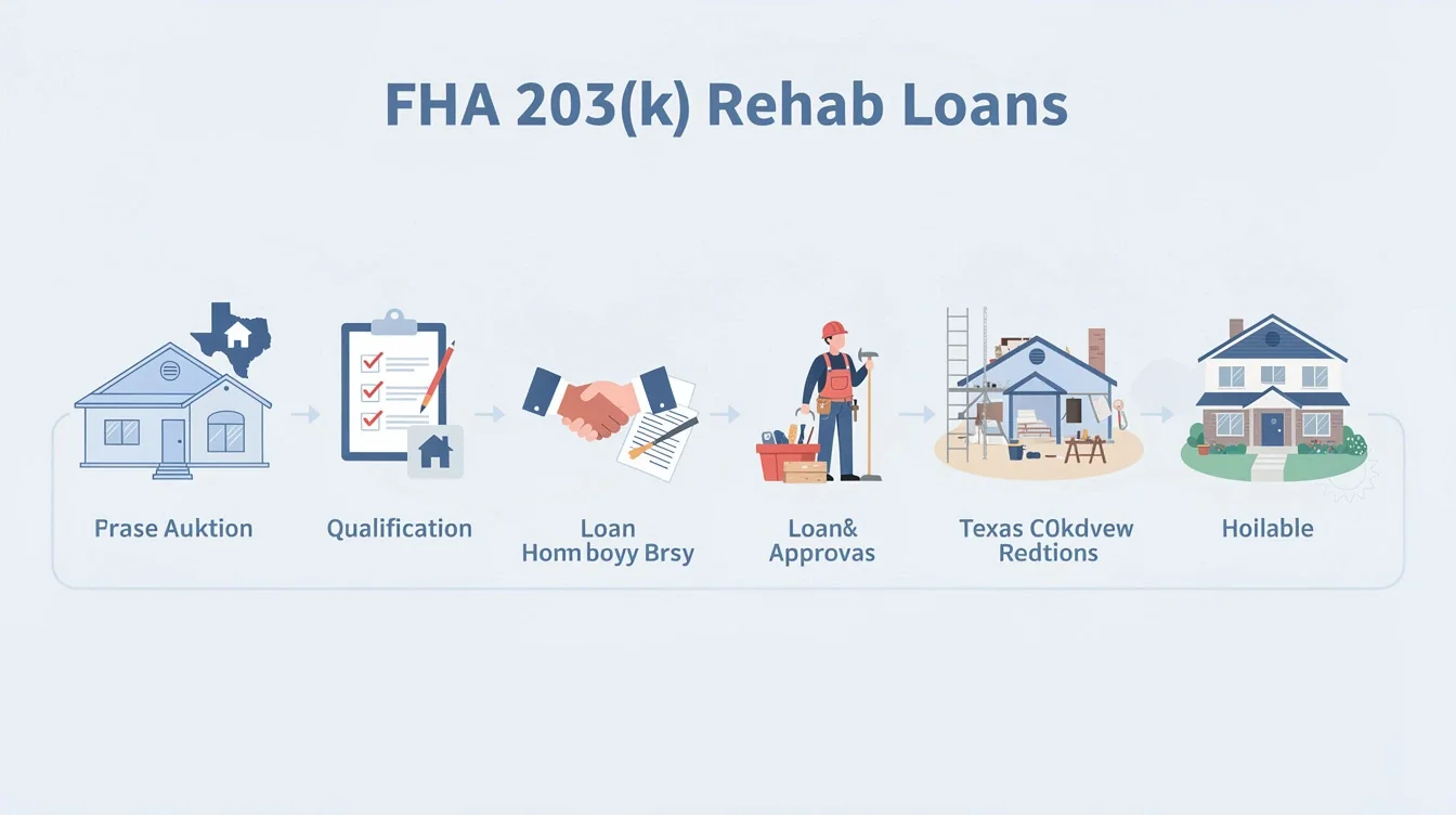 A step-by-step visual process guide demonstrating how fha 203(k) rehab loans texas homebuyers works