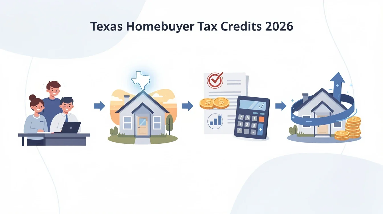 A step-by-step visual process guide demonstrating how texas homebuyer tax credits 2026 works