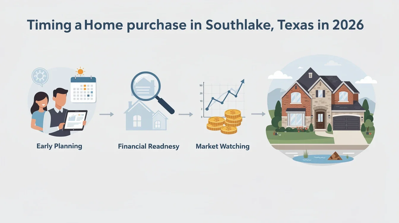 A step-by-step visual process guide demonstrating how timing home purchase southlake texas 2026 works