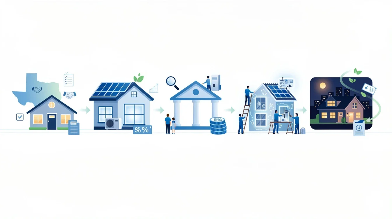A step-by-step visual process guide demonstrating how energy efficient mortgage programs texas 2026 works