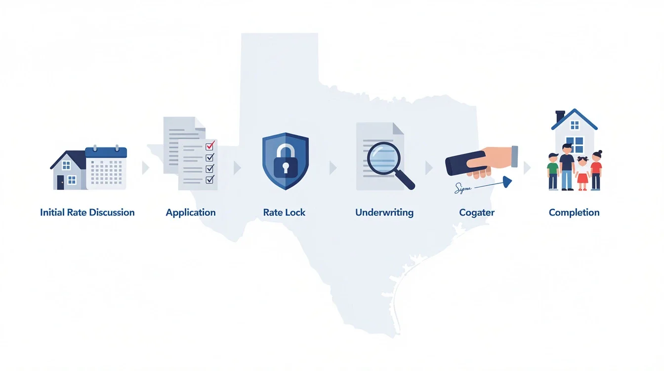 A step-by-step visual process guide demonstrating how texas mortgage rate lock timeline 2026 works